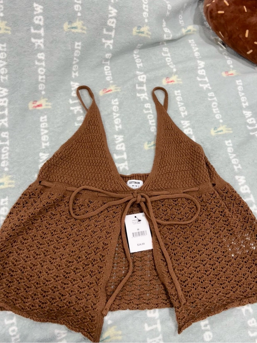 Y2K/retro Boho-Chic / Crochet knit Cotton On Brown Tie Up Cami